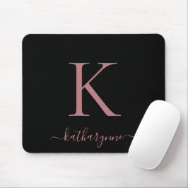 Moderne Elegante Rose Gold Monogram Script Black Mousepad