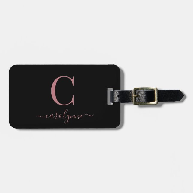 Moderne elegante Rose Gold Monogram Script Gepäckanhänger (Vorderseite horizontal)