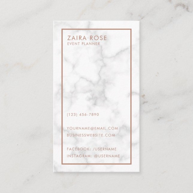 Moderne elegante Rose Gold Script Marble Visitenkarte (Vorderseite)