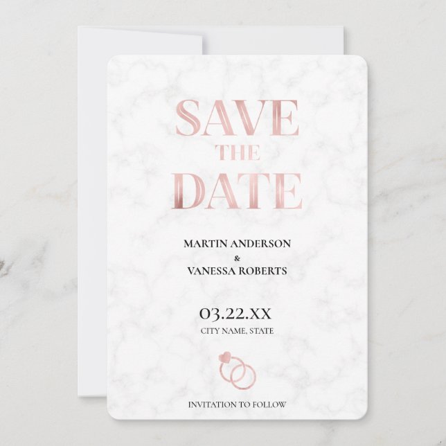 Moderne elegante Rose Goldene Marmorhochzeiten Save The Date (Vorderseite)