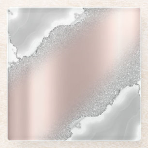 Moderne elegante roségoldene Glitter-Silber-Marmor Glasuntersetzer