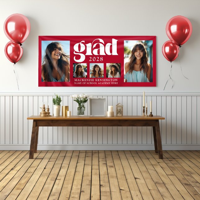Moderne Elegante Rote Abschluss FotoCollage Banner (Modern Elegant Red Graduation Photo Collage Banner)