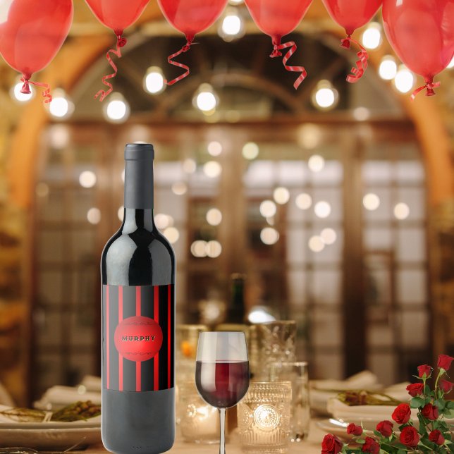 Moderne elegante rote Streifen Name oder Monogramm Weinetikett (Elegant black and red striped set of 6 labels personalized by you)