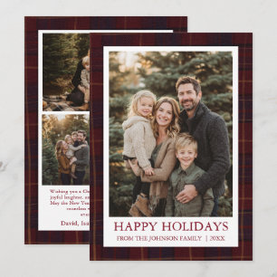Moderne elegante rote Weihnachts-Karo-Familienfoto Feiertagskarte