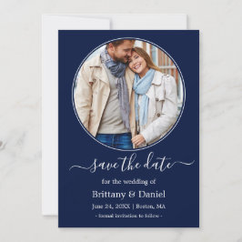 Moderne Elegante Round Foto Frame Blue Save The Date