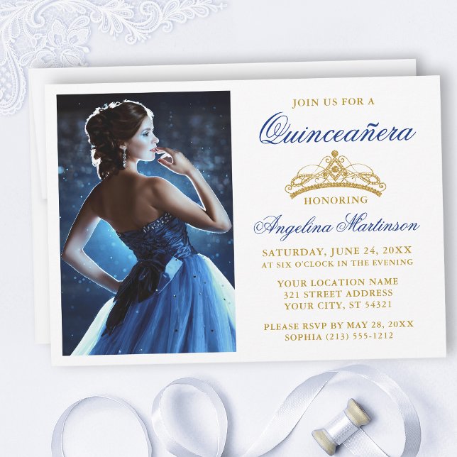 Moderne Elegante Royal Blue Gold Crown Quinceanera Einladung (Customize to change text size, style, color or to add text or more photos to back of card.)