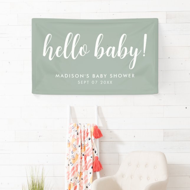 Moderne elegante Sage Green Baby Dusche Banner (Insitu)