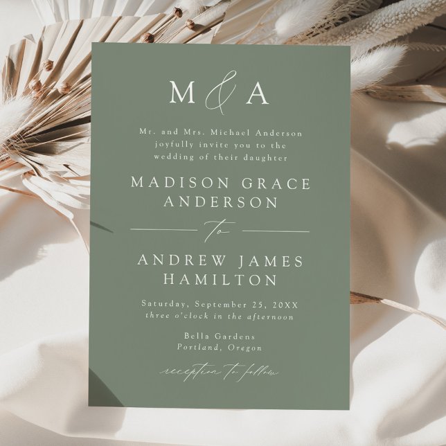 Moderne elegante Sage Green Monogram Wedding Einladung (Von Creator hochgeladen)
