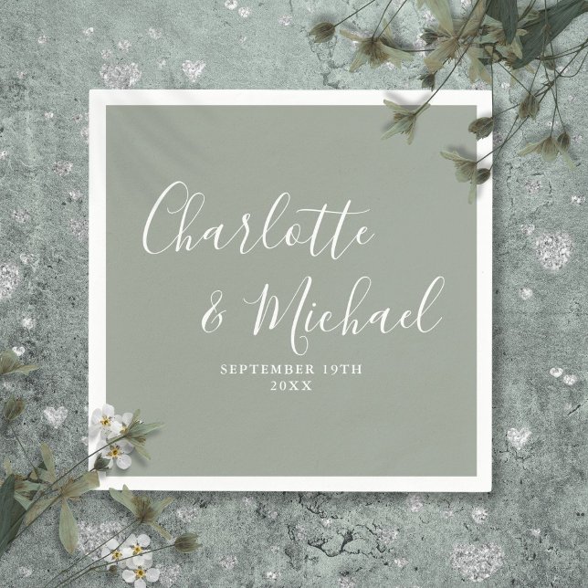 Moderne elegante Sage Green Signature Script Hochz Serviette (Modern Elegant Sage Green Signature Script Wedding Napkins)