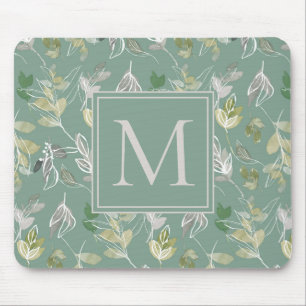 Moderne elegante Sage Green Silver Blätter Monogra Mousepad