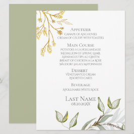 Moderne, elegante Sage Green und Gold Foliage Menükarte