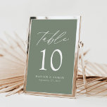 Moderne elegante Sage Green Wedding Tischnummern<br><div class="desc">Trendy, minimalistische Hochzeitskarten mit modernen, weißen Schriftzeichen mit "Table" in moderner Kalligraphie-Schrift. Das Design weist einen schlauen, grünen Hintergrund oder eine Farbe Ihrer Wahl auf. Das Design wiederholt sich auf der Rückseite. Um die weise grünen Tischkarten zu bestellen: Fügen Sie Ihren Namen, das Hochzeitdatum und die Tischnummer hinzu. Fügen Sie...</div>
