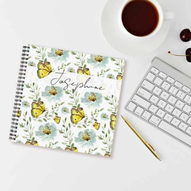 Moderne Elegante Schmetterlingswasserfarbe persona Notizbuch (Personalized butterflies and flower pattern notebook.)