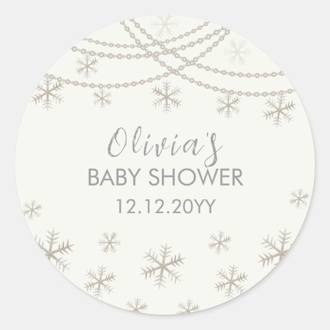 Moderne Elegante Schneeflocken Winter Baby Dusche Runder Aufkleber (Vorderseite)