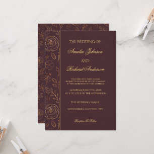 Moderne elegante Schokoladen-Gold-Blumenhochzeit Einladung
