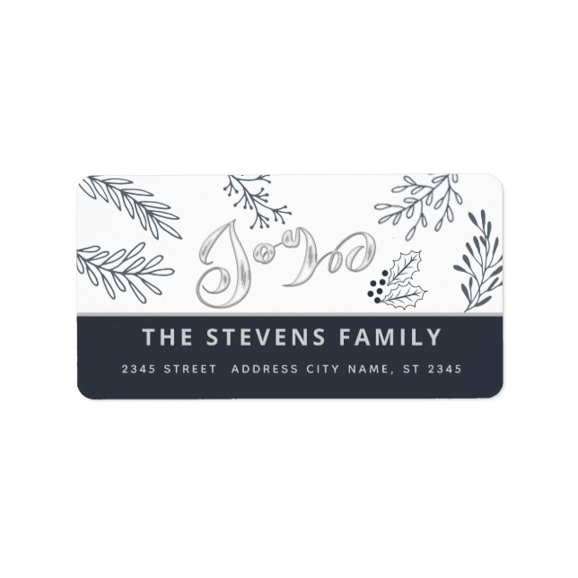 Moderne, elegante Schrift Freude Winter botanische Adressaufkleber (Vorne)