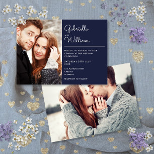 Moderne elegante Schrift Navy Blau 2 Foto-Hochzeit Einladung