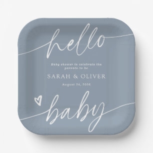 Moderne elegante Schriftart Staubblau Baby Shower Pappteller