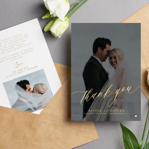 Moderne elegante Schriftfoto Schwarz Gold Hochzeit Dankeskarte