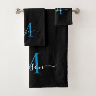 Moderne elegante schwarz-blaue Monogram-Skriptbeze Badhandtuch Set