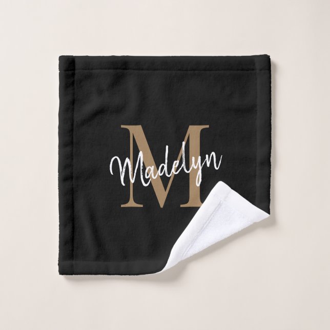 Moderne elegante Schwarz-Gold-Monogram-Skripte Waschlappen (Waschlappen)