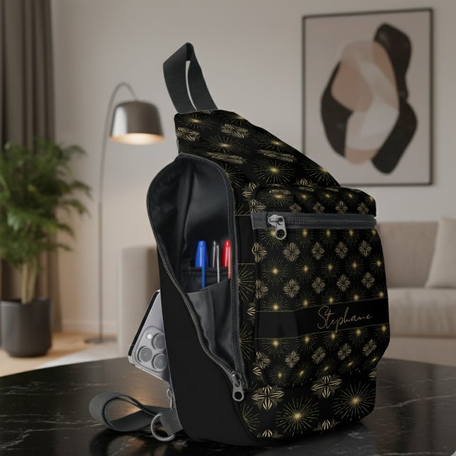 Moderne elegante Schwarz-Gold-Monogramm-Bezeichnun Crossbody Bag (Von Creator hochgeladen)