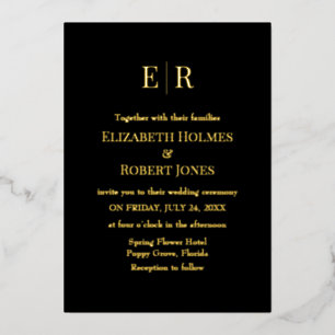 Moderne, elegante Schwarz-Gold-Monogramm-Hochzeit Folieneinladung
