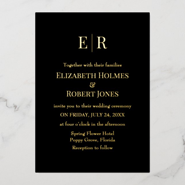 Moderne, elegante Schwarz-Gold-Monogramm-Hochzeit Folieneinladung (Vorderseite)