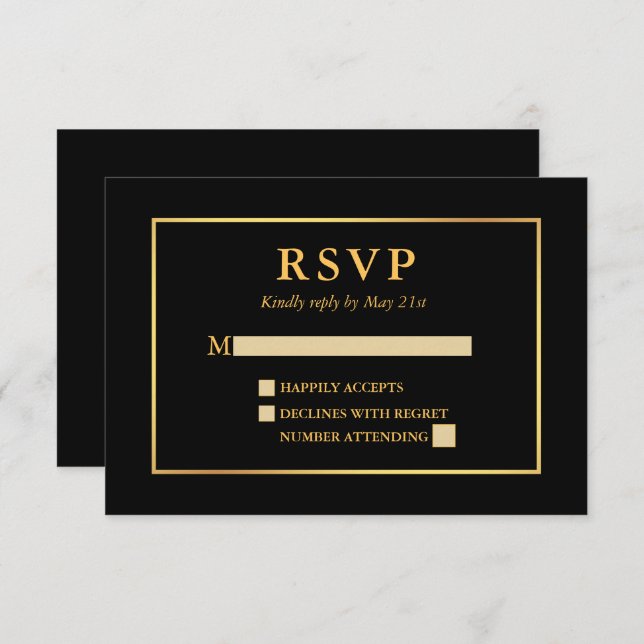 Moderne, elegante Schwarz-Gold-Rahmen RSVP Karte (Vorne/Hinten)