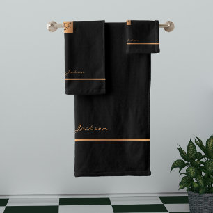 Moderne, elegante, schwarz-goldfarbene mit Monogra Badhandtuch Set