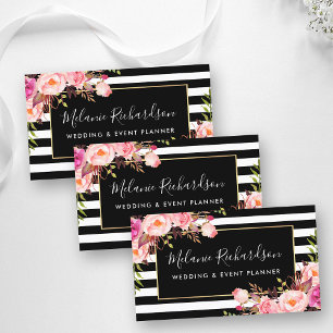 Moderne Elegante Schwarz Streifen rosa Blüte Visitenkarte