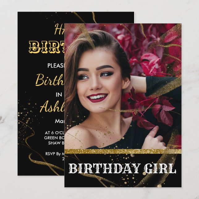 Moderne elegante Schwarz und Gold süß 16 Einladung (Vorne/Hinten)