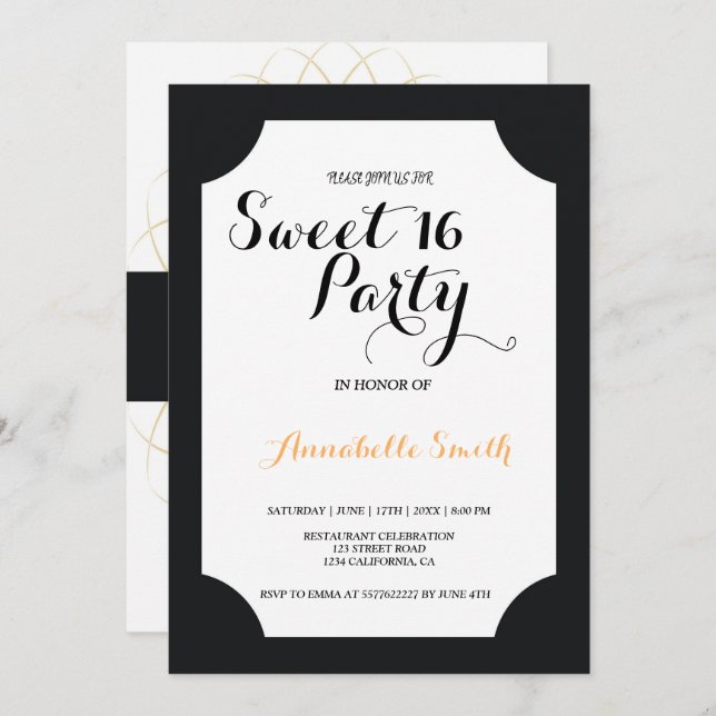 Moderne elegante Schwarz und Gold süß 16 Einladung (Vorne/Hinten)