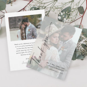 Moderne, elegante Schwarz-Weiß-2-Foto-Hochzeit Dankeskarte