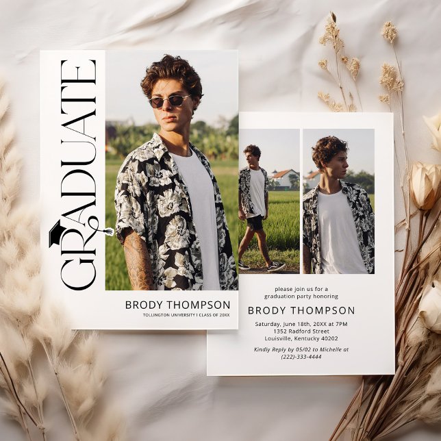 Moderne Elegante Schwarz-Weiß 3-Foto-Abschlussfeie Einladung (Von Creator hochgeladen)