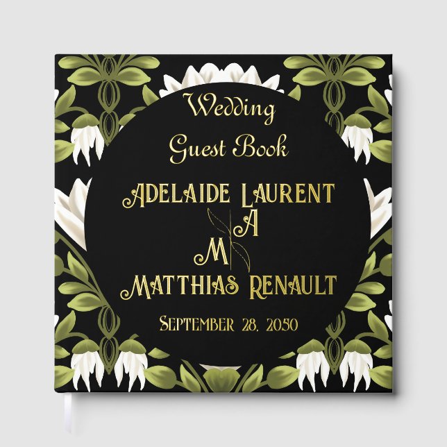 Moderne, elegante Schwarz-Weiß-Goldgestecke Gästebuch (Vorderseite)
