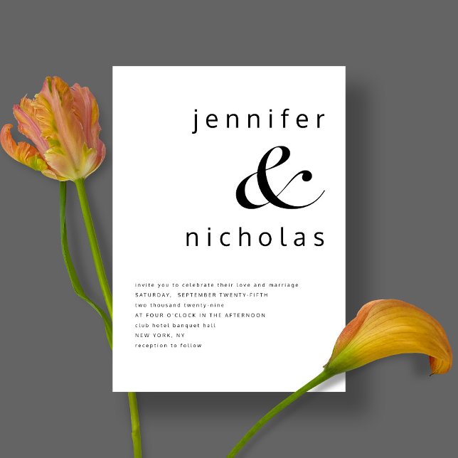 Moderne, elegante Schwarz-Weiß-Hochzeit Einladung (Front / Black & White Simple Minimalist Typography Wedding Invitation)