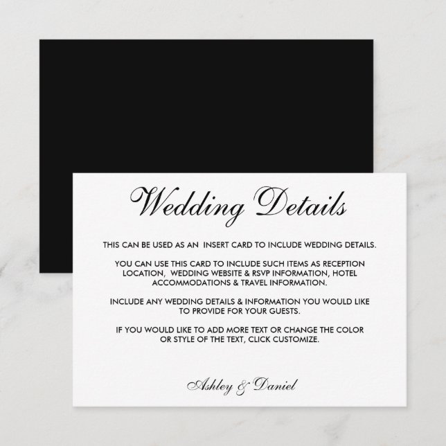 Moderne elegante Schwarz-Weiß-Hochzeitsdetails B Einladung (Vorne/Hinten)