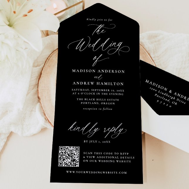 Moderne elegante Schwarz-Weiß-Kalligraphie-Hochzei All In One Einladung (Von Creator hochgeladen)