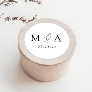 Moderne, elegante Schwarz-Weiß-Monogramm-Hochzeit Runder Aufkleber