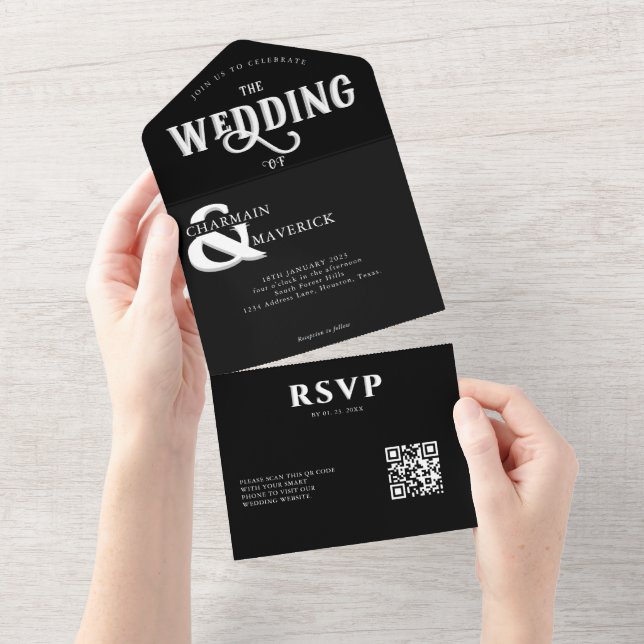 Moderne elegante Schwarz-Weiß-QR-Hochzeit All In One Einladung (Abreißen)