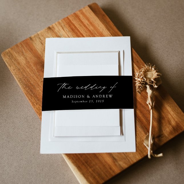 Moderne, elegante Schwarz-Weiß-Script-Hochzeit Einladungsbanderole (Von Creator hochgeladen)