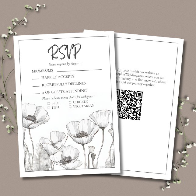 Moderne Elegante Schwarz-weiße Blumenkuchen Hochze RSVP Karte (White Poppies Wedding RSVP Card with Menu Choices.
)