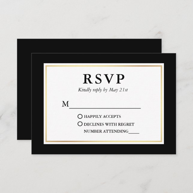 Moderne, elegante Schwarz-weiße Goldrahmen RSVP Karte (Vorne/Hinten)