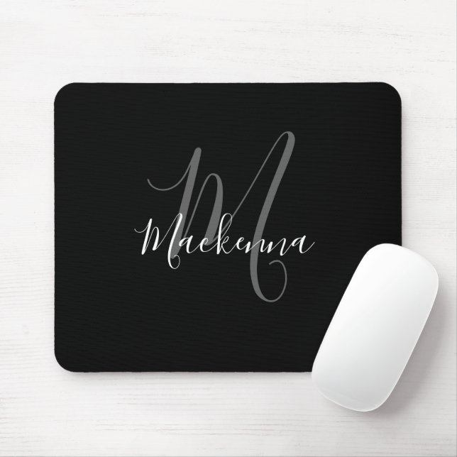 Moderne elegante Schwarz-weiße Monogram Script Gir Mousepad (Mit Mouse)