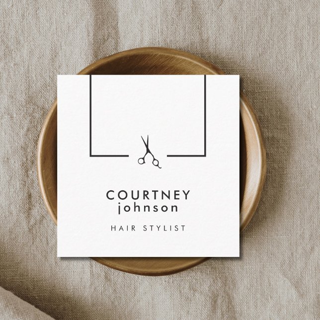 Moderne Elegante Schwarz-weiße Schere Friseurstyli Quadratische Visitenkarte (Von Creator hochgeladen)