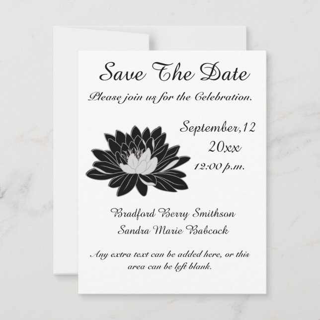 Moderne elegante, Schwarz-weiße Wasserlilie mit Bl Save The Date (Vorderseite)