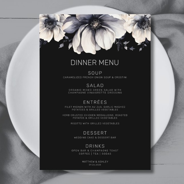 Moderne elegante Schwarze Flora Hochzeit Menükarte (Modern Elegant Black Floral Wedding Menu)