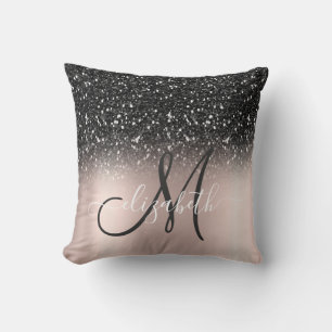 Moderne elegante schwarze Glitter-Monogramm in Ros Kissen
