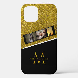 Moderne elegante schwarze goldene Glitter-Monogram iPhone 12 Hülle